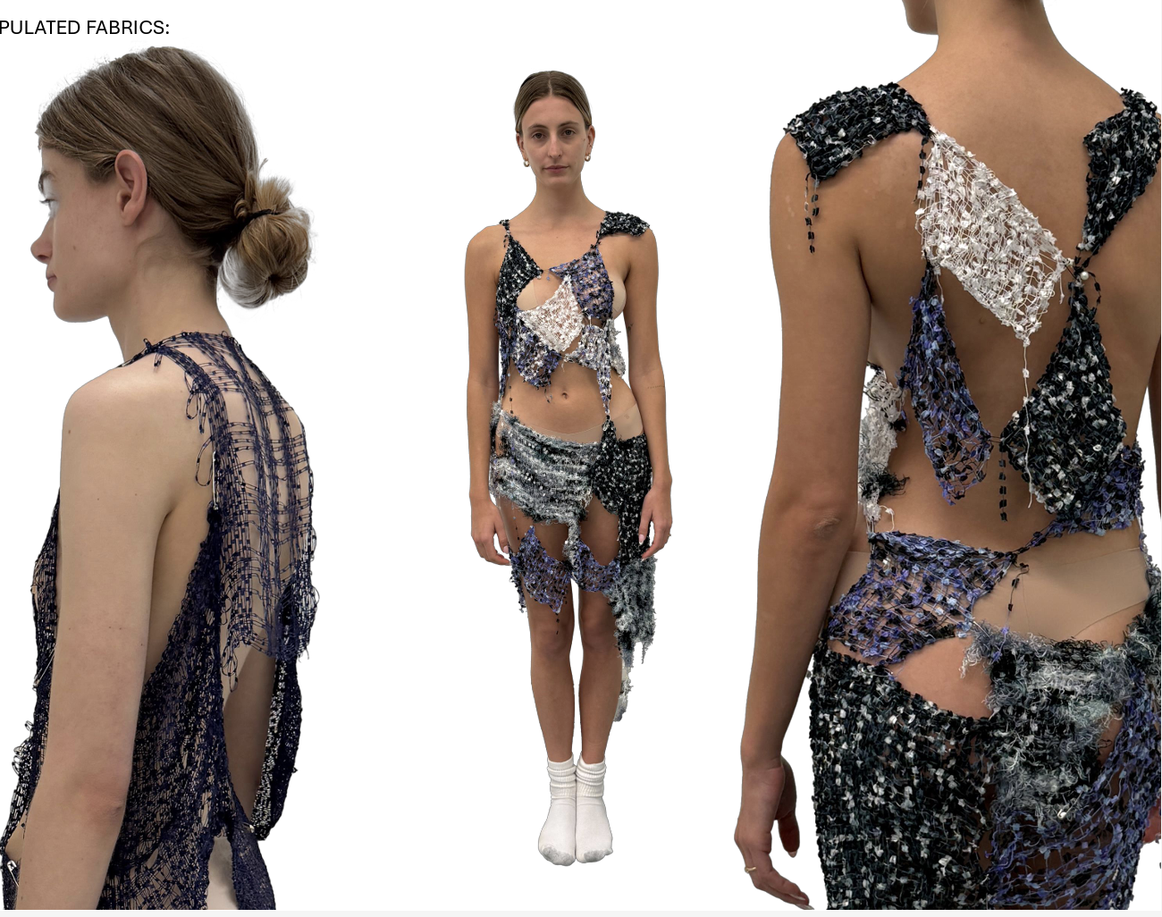Woman modeling a patchwork, textured dress with cutouts and dangling details.