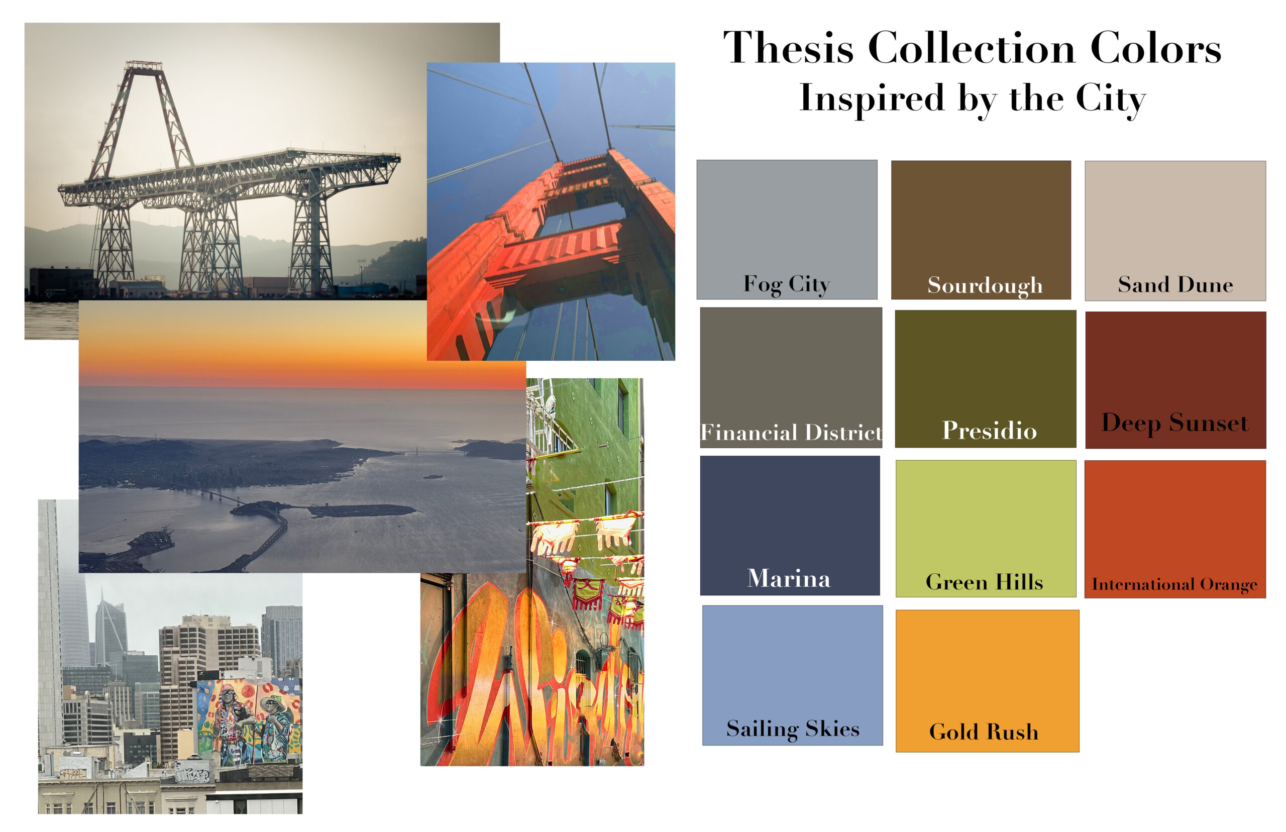 Collage of cityscape photos with a color palette titled Thesis Collection Colors inspired by the city.