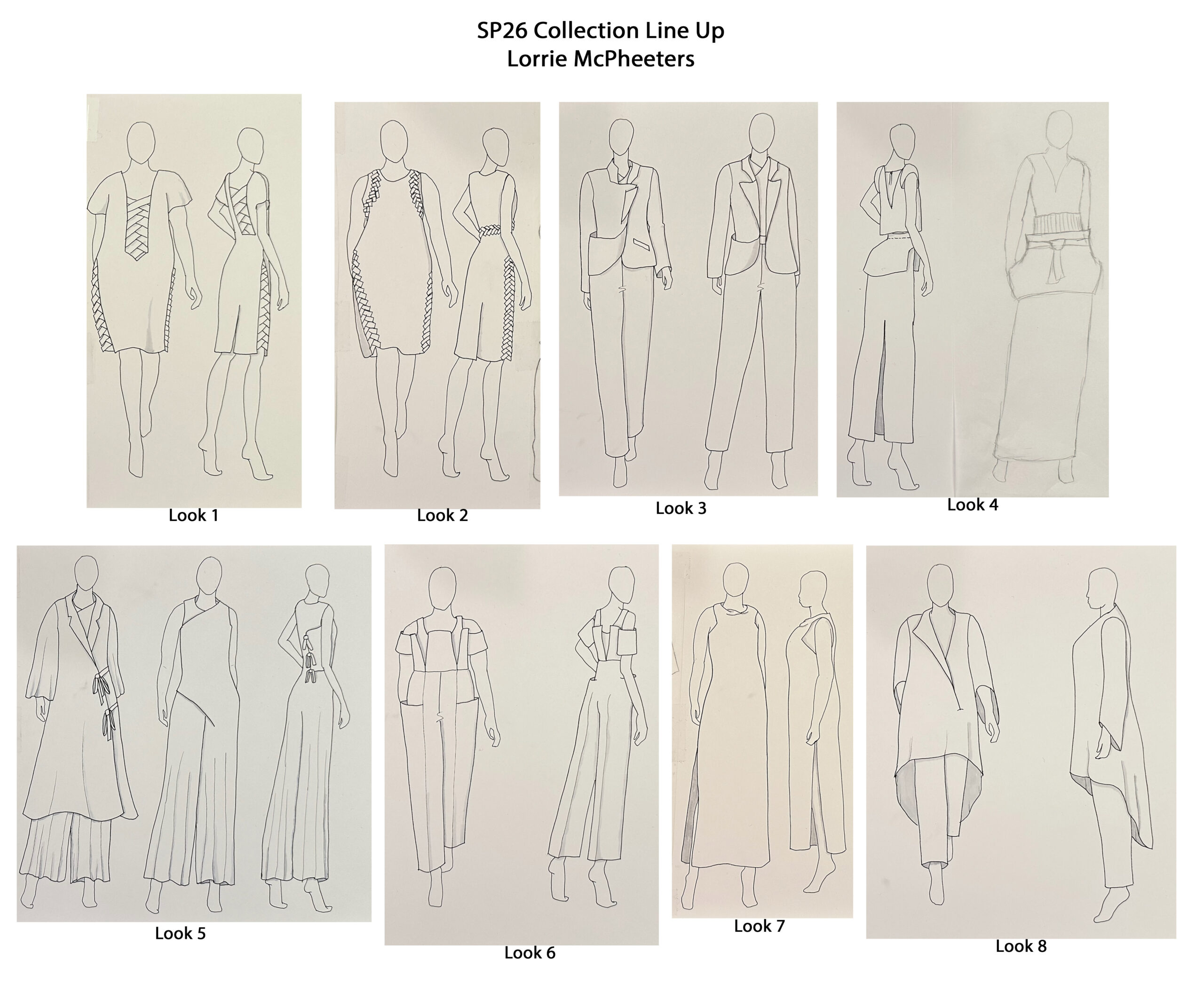 Lineup of fashion sketches labeled Looks 1 to 8, showcasing various clothing designs.