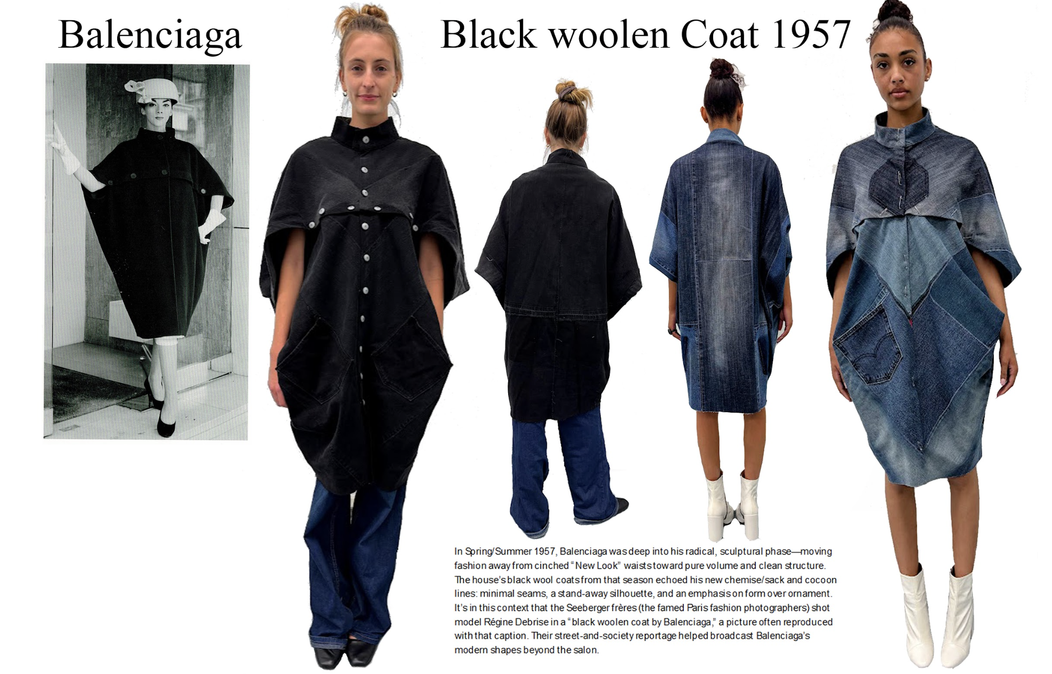 Models showcase black woolen coat designs from 1957, highlighting minimal seams and sculptural form.