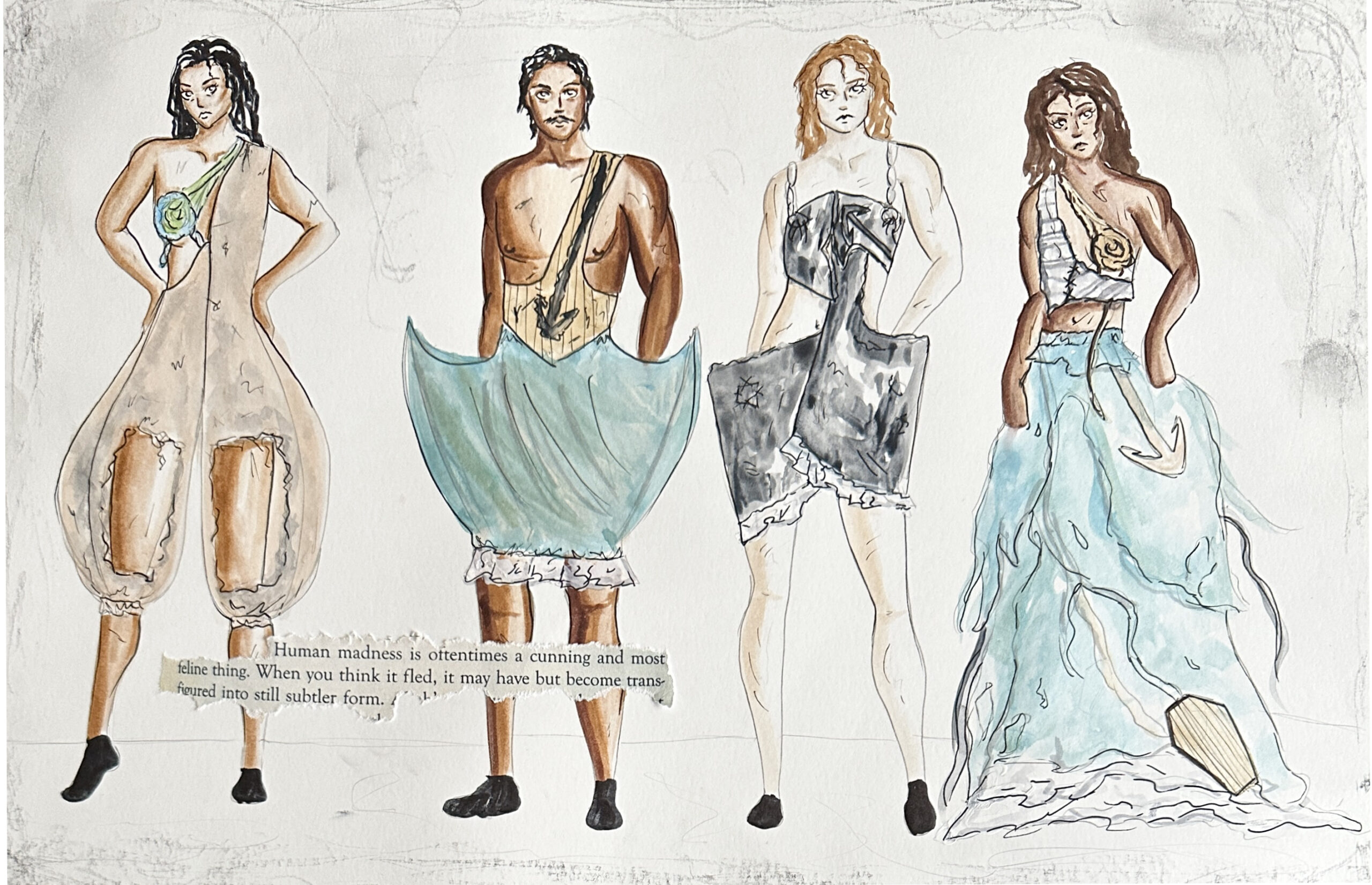 Four figures in eclectic, fashion-inspired outfits, standing side by side.