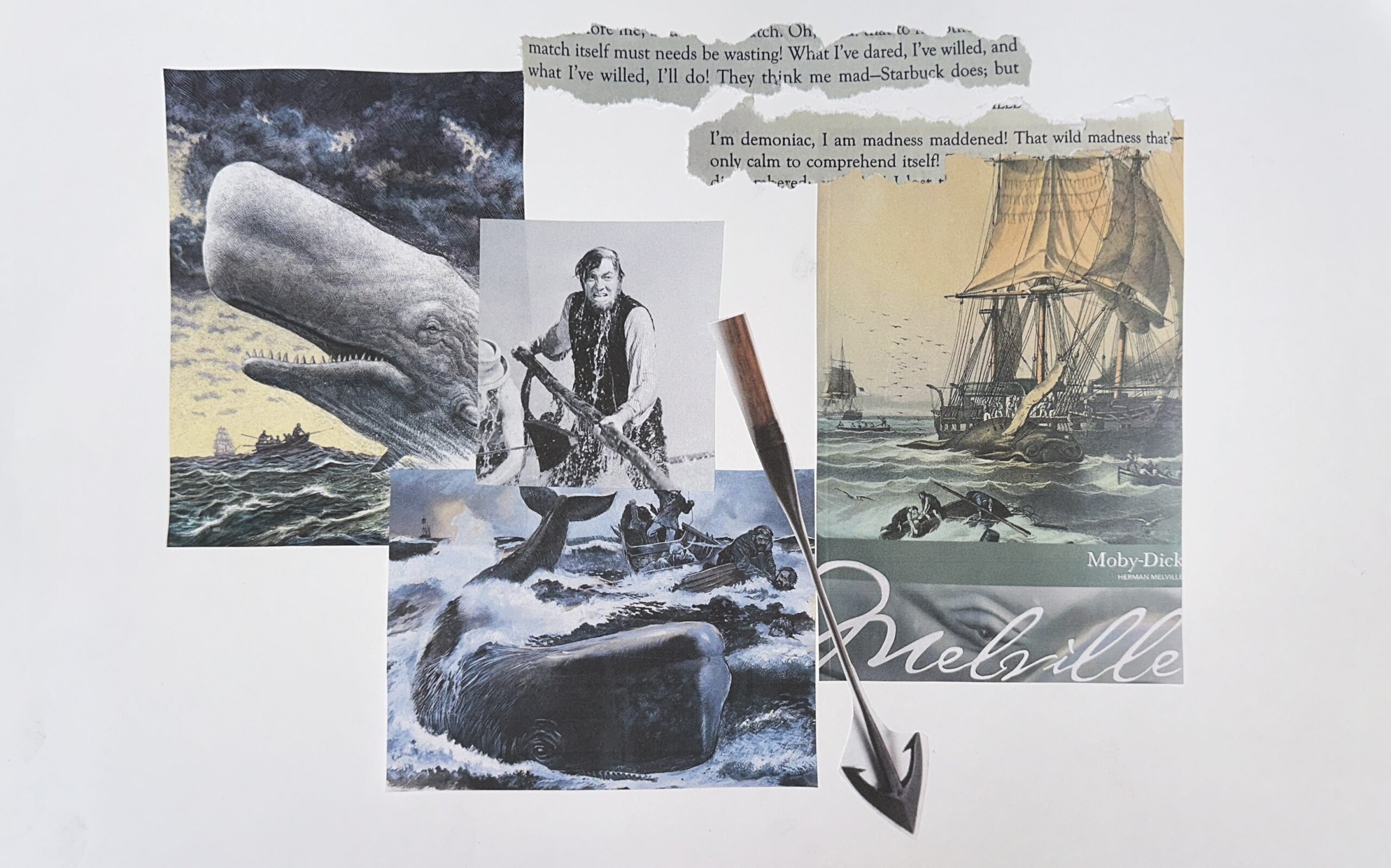 Collage of whale images, a man wielding a harpoon, and torn text and magazine clippings.