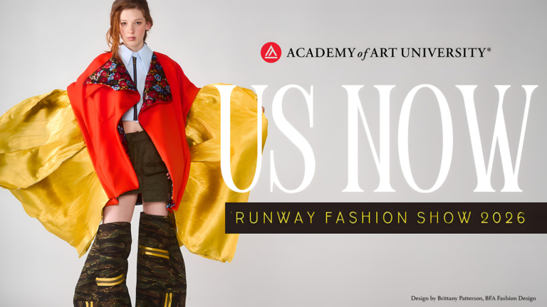 A model in eclectic fashion poses with yellow fabric, promoting a 2026 runway fashion show.
