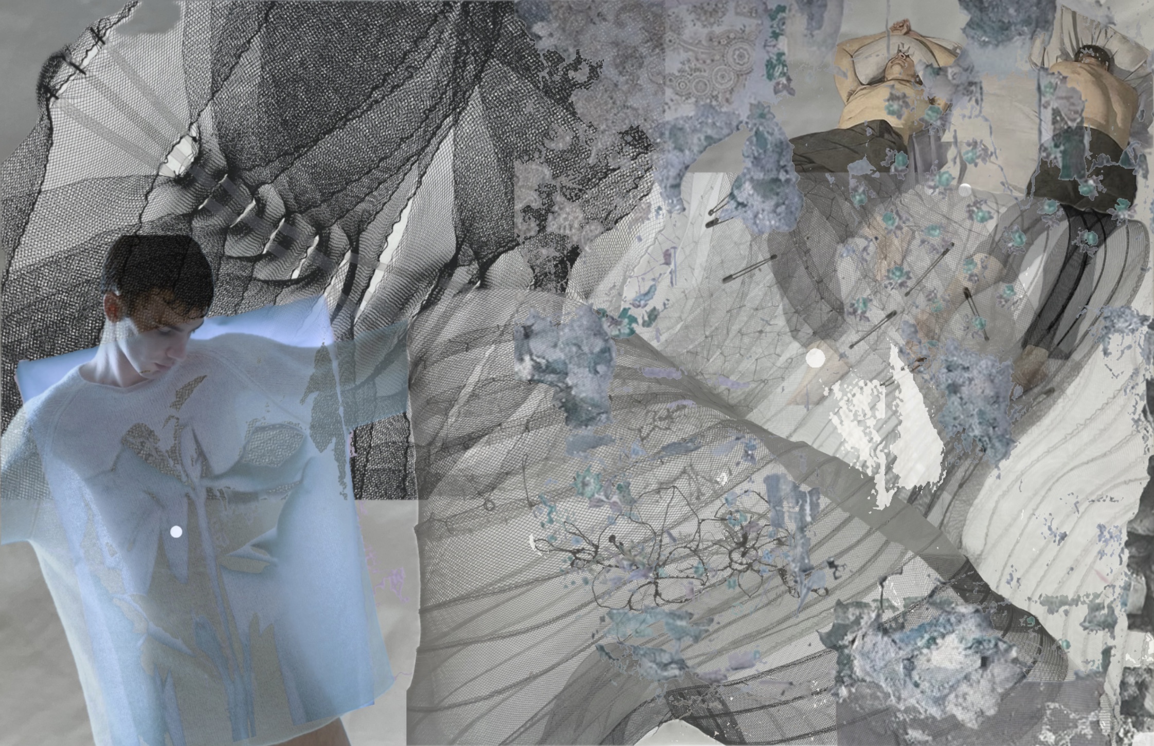 Person wearing a white outfit, surrounded by abstract, textured black and white patterns and blue floral elements.