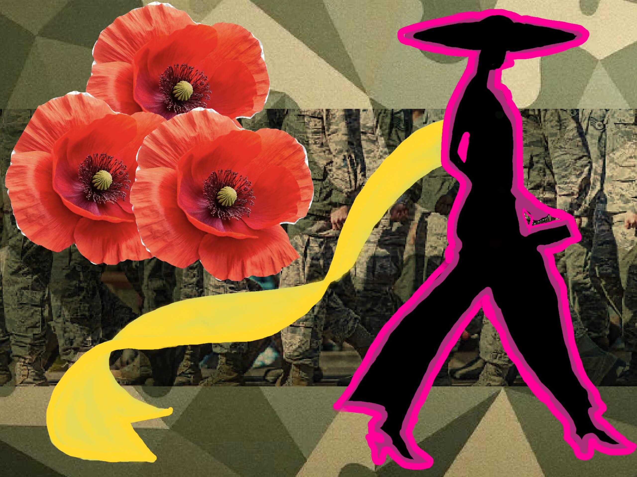 A silhouette of a person wearing a hat and flowing pants, outlined in bright pink, walking past a cluster of vibrant red poppies.