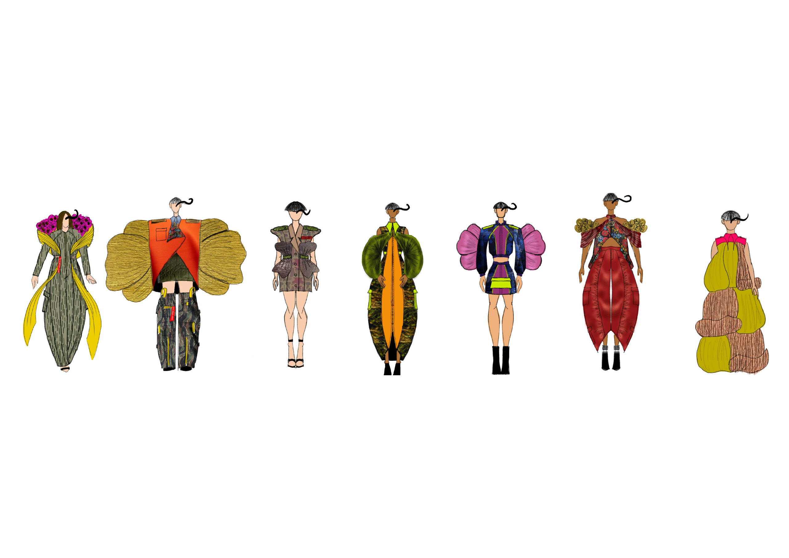 Eight models in colorful, avant-garde fashion standing side by side.