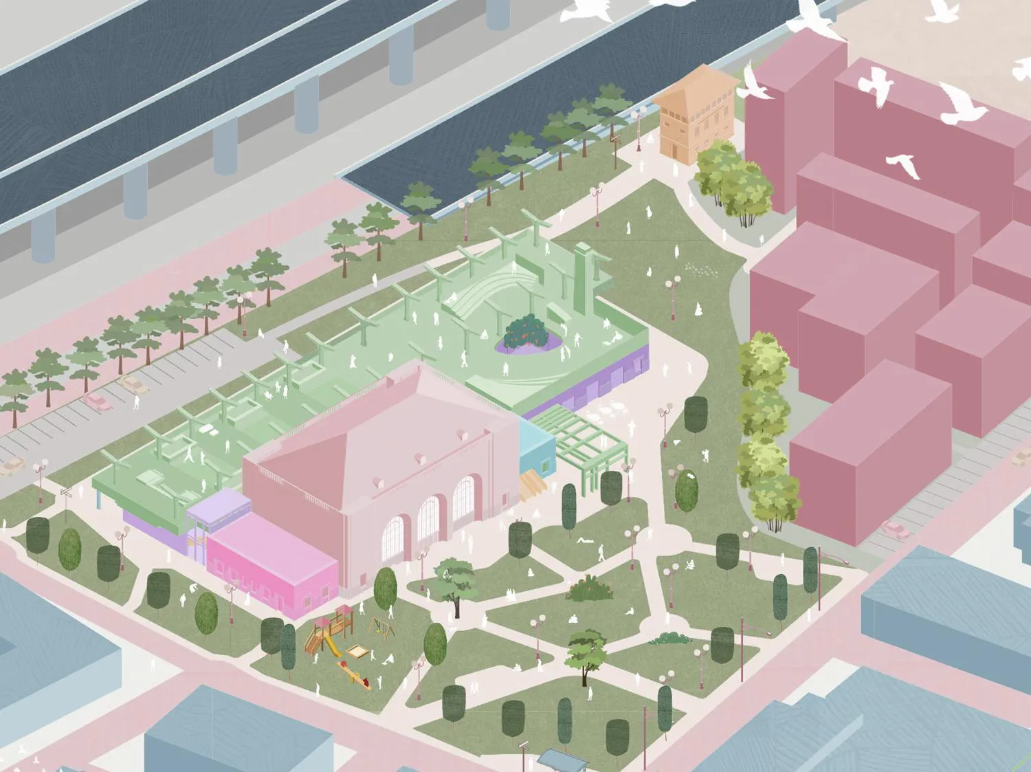 Aerial view of a park with trees, pathways, and a pink building, with people walking and playing.