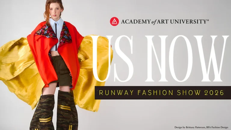 A female model wearing a colorful jacket and patterned boots, promoting a runway fashion show 2026.