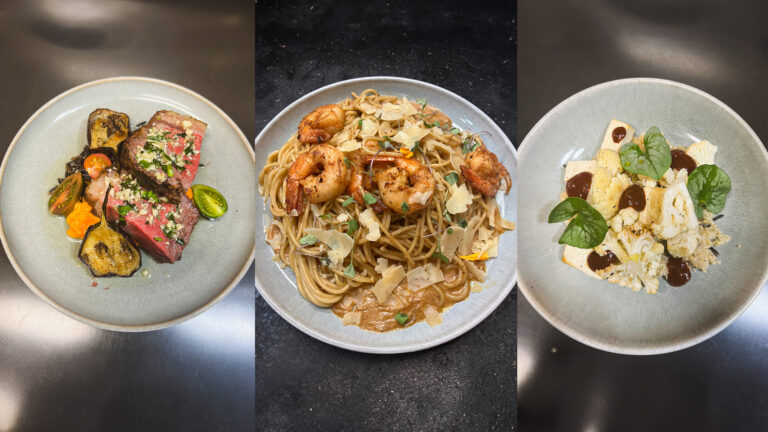 Three plates of gourmet dishes: seared beef with vegetables, shrimp pasta, and cauliflower salad.