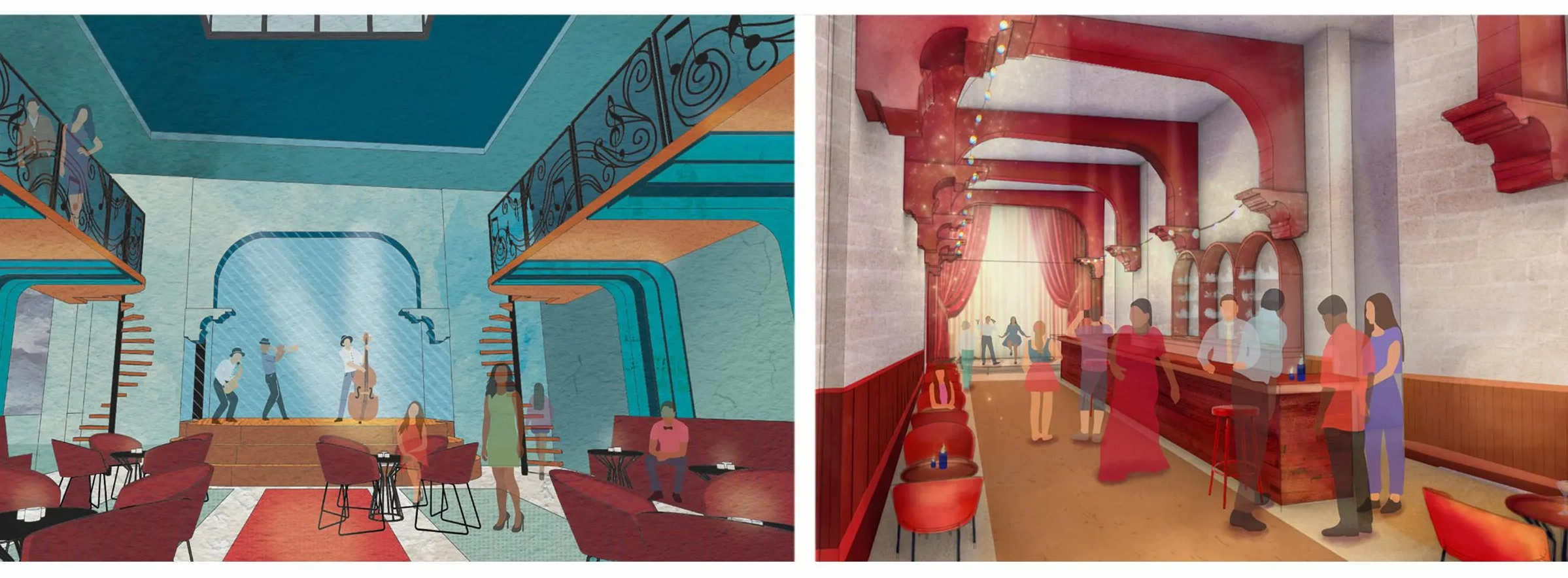 Left: Cartoon-style interior of a music venue with a band playing on stage. Right: Real-world bar scene with people socializing around the counter.