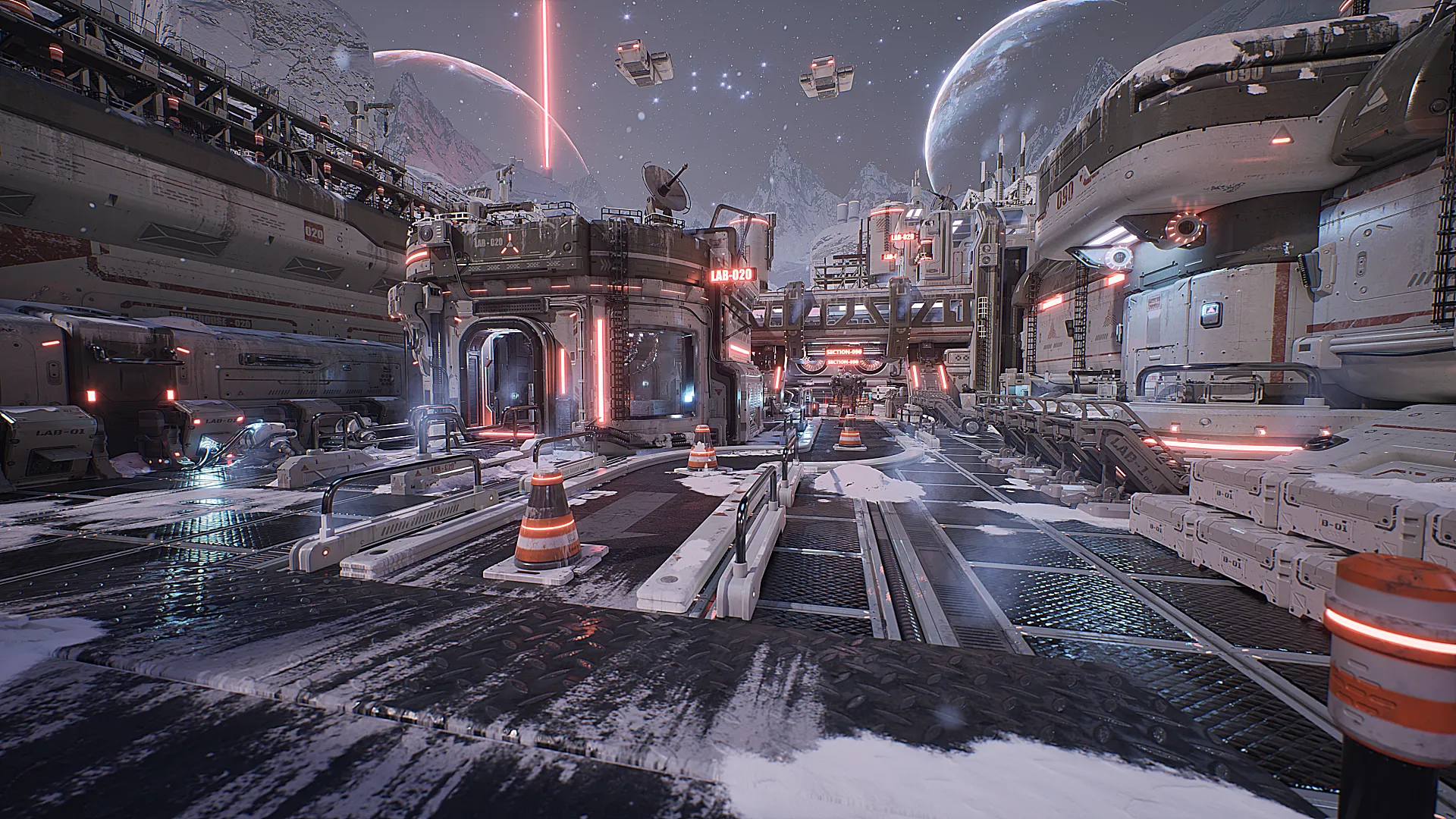 A futuristic space station with snow, illuminated signage, and spacecraft in the background.