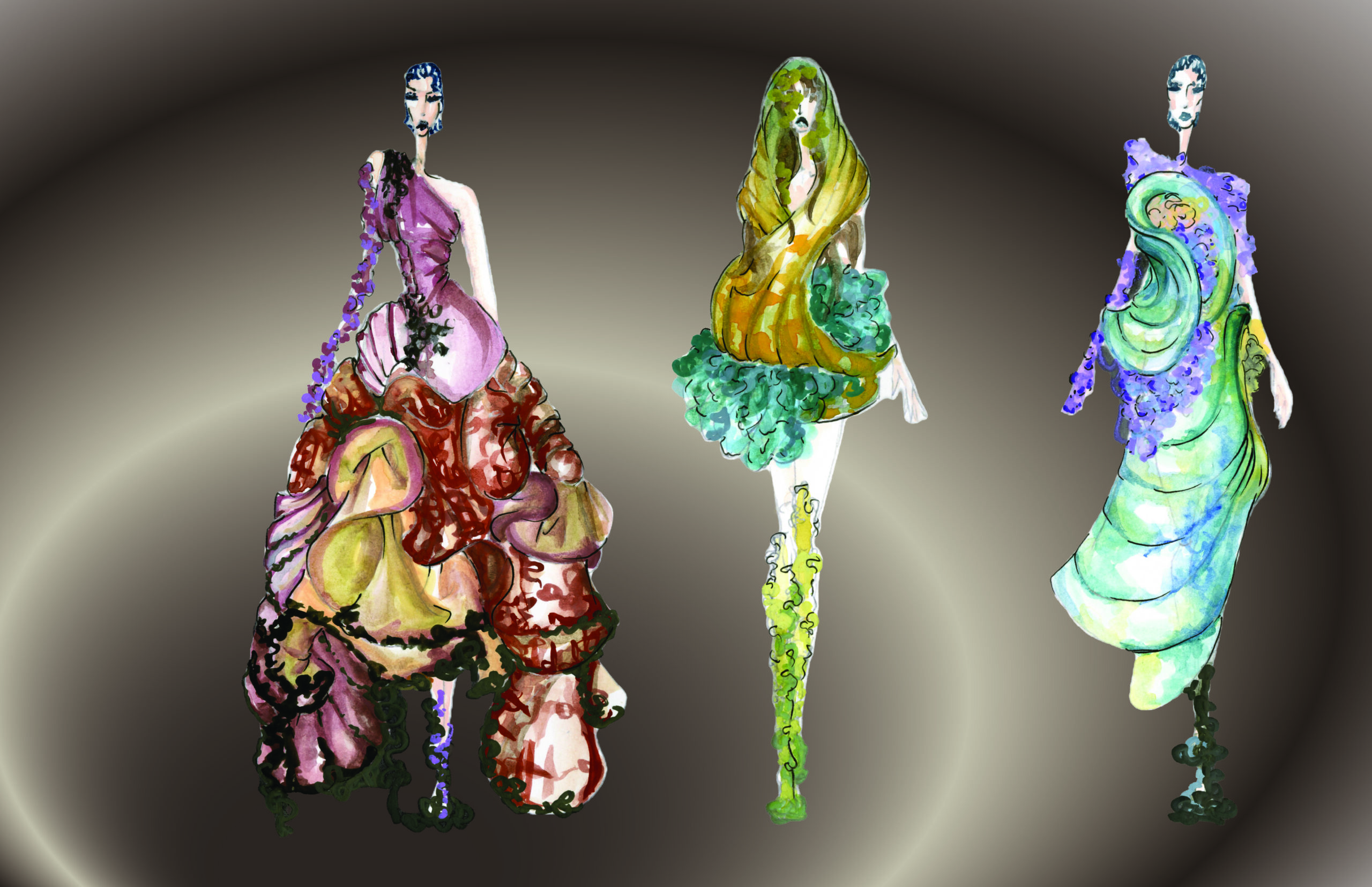 Three tall fashion models in colorful, abstract dresses pose on a dark background.