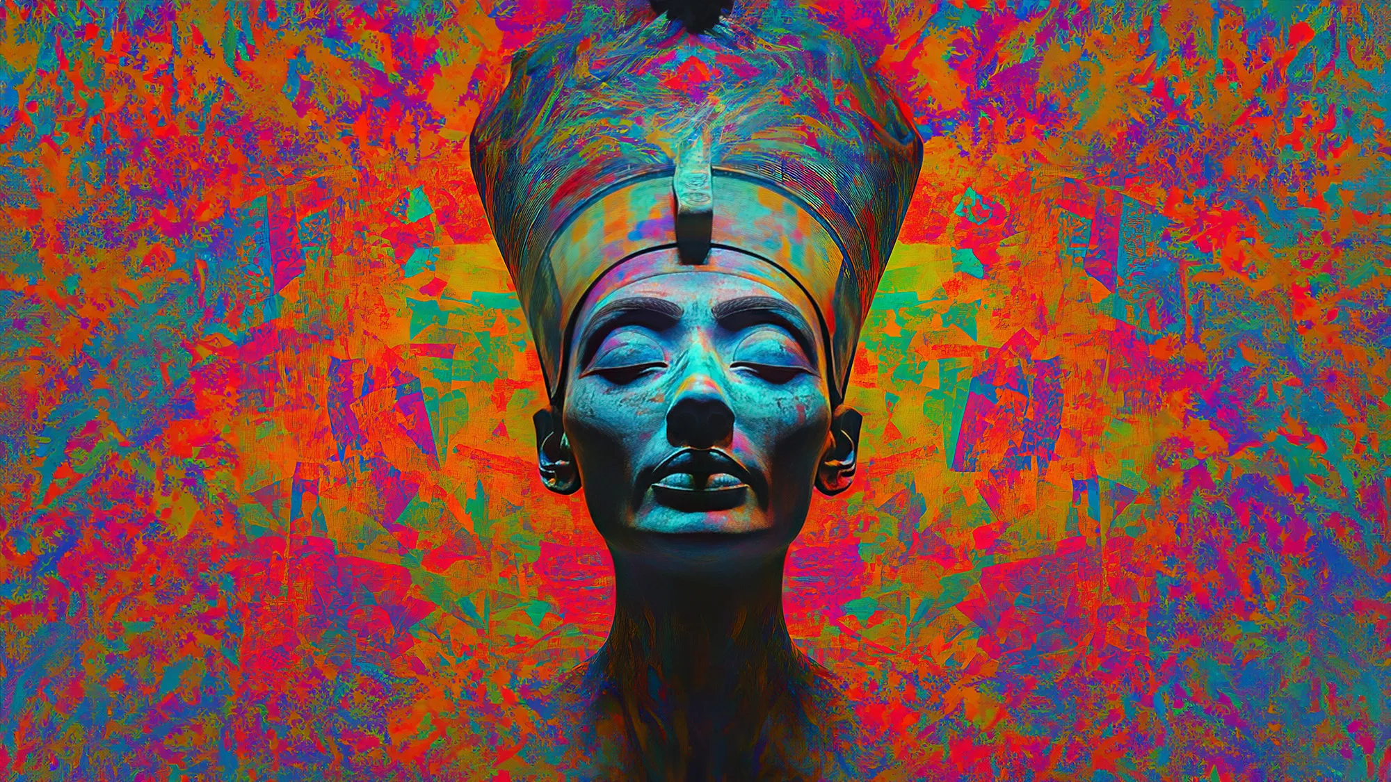 VA colorful, abstract depiction of a sculpture of a woman with an elaborate headdress and closed eyes.
