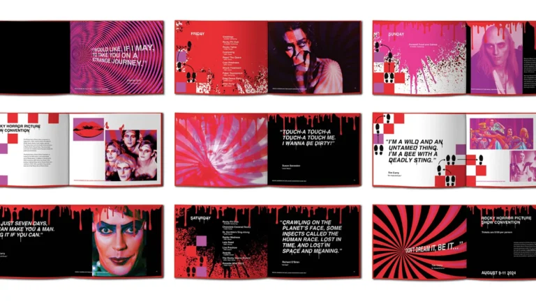 Open magazine spread with vibrant red, pink, and black graphics, quotes, and photos of people.