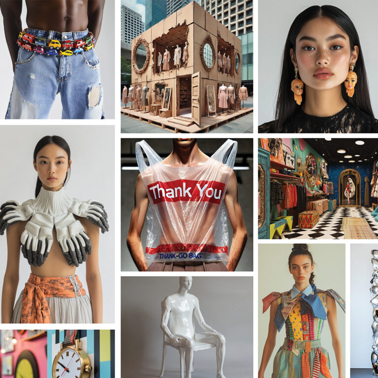 A collage of modern fashion displays, including models wearing unique outfits, a boutique, and artistic clothing installations.