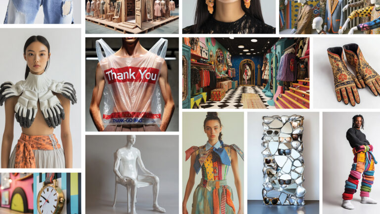 Display of fashion items, including clothing, accessories, and mannequins in a retail setting.