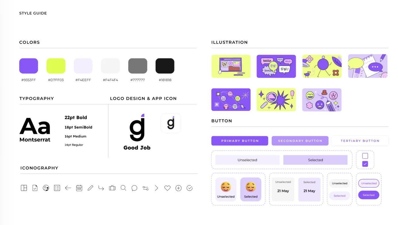 A style guide with color palettes, icons, typography, logo design, and illustration samples.