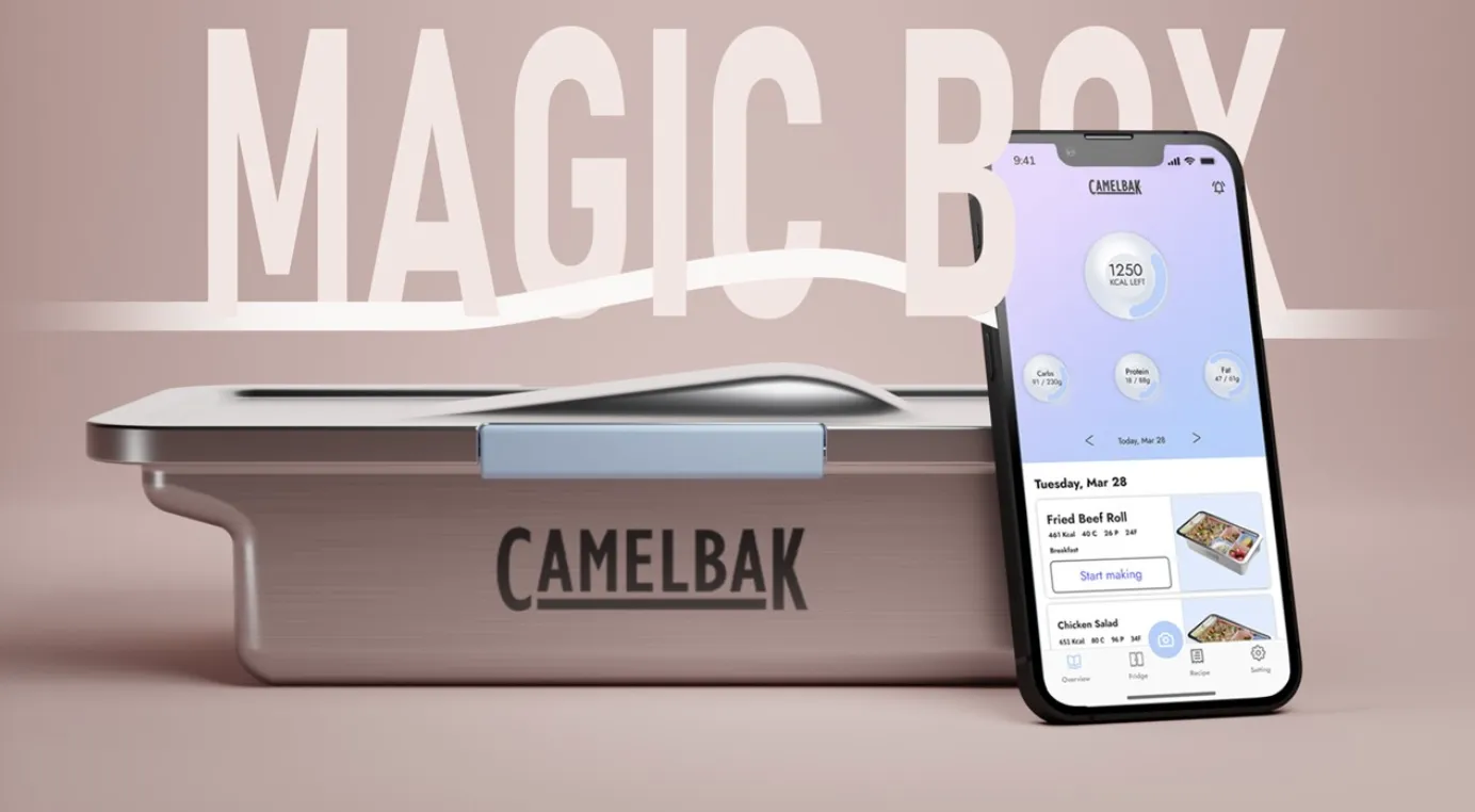 A smartphone displaying a meal planning app next to a Camelbak lunchbox with 