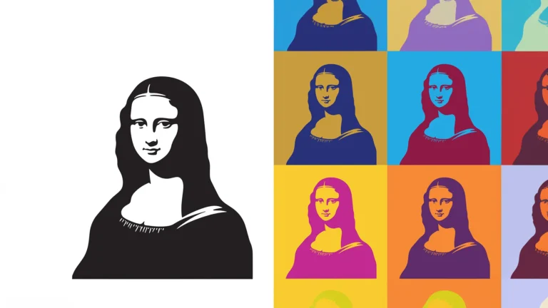 Multiple colorful pop art versions of the Mona Lisa arranged in a grid.