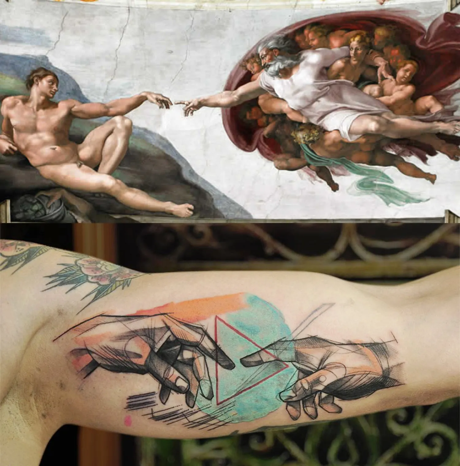 Michelangelo's Creation of Adam fresco and a tattoo of hands reaching toward each other.