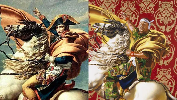 A mounted warrior in 18th-century military uniform on the left, and a man in regal attire with a crown on the right, both on white horses