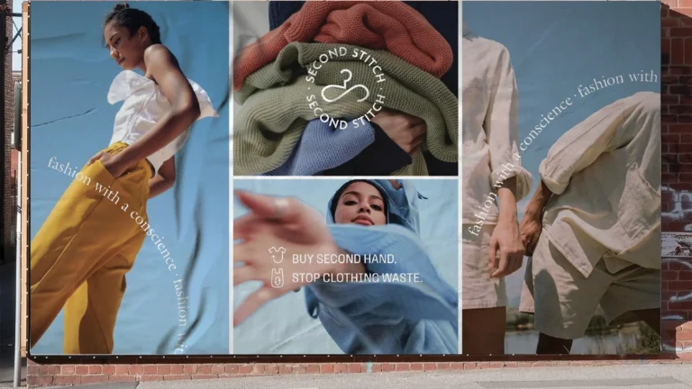Collage of models wearing colorful clothing against blue backgrounds, text curves across panels.