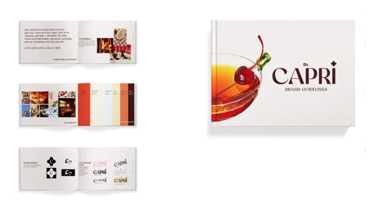 Capri brand guidelines book with a cocktail image and colorful swatches spread across pages