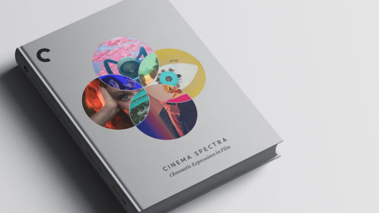 Grey book cover with stacked colorful circular collage on left side, text below reading Cinema Spectra.