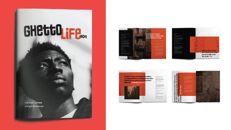 Cover of Ghetto Life 101 with a black-and-white portrait of a child against a red background.
