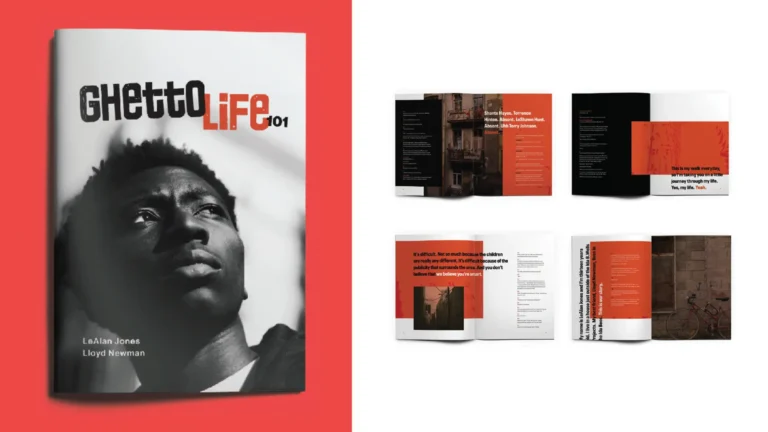 Ghetto Life magazine cover with a close-up black-and-white portrait on red background
