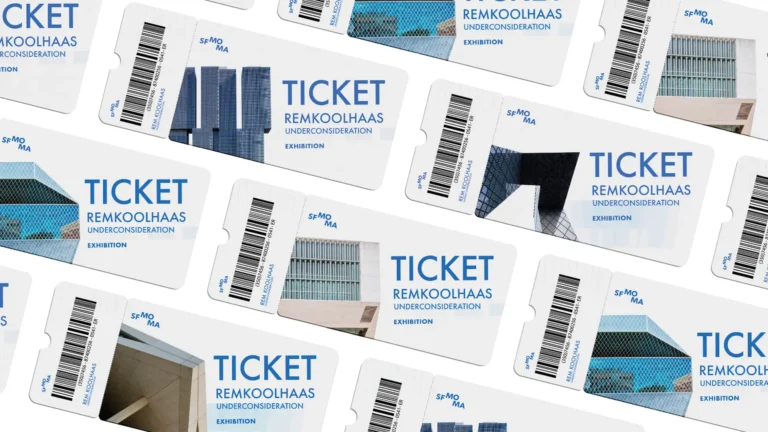 Pattern of blue and white exhibition tickets saying REMKOOLHAAS TICKET with barcode and architectural images