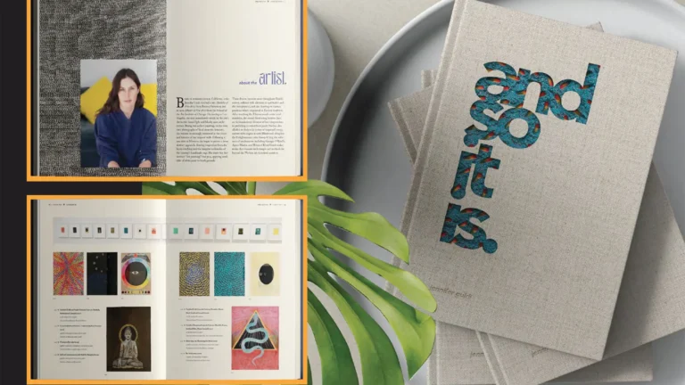 Open art book pages with colorful patterns, a portrait, and a beige textured cover on a plate.