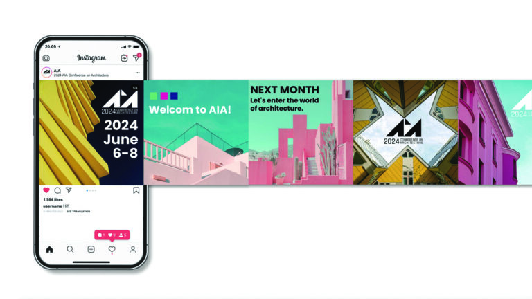 Instagram feed shown on phone screen with colorful architectural banners reading 2024 June 6-8 and Welcome to AIA! next month text hidden within collage.