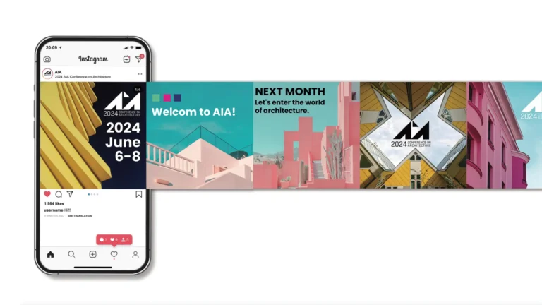 Instagram feed mockup on a smartphone with colorful architectural banners