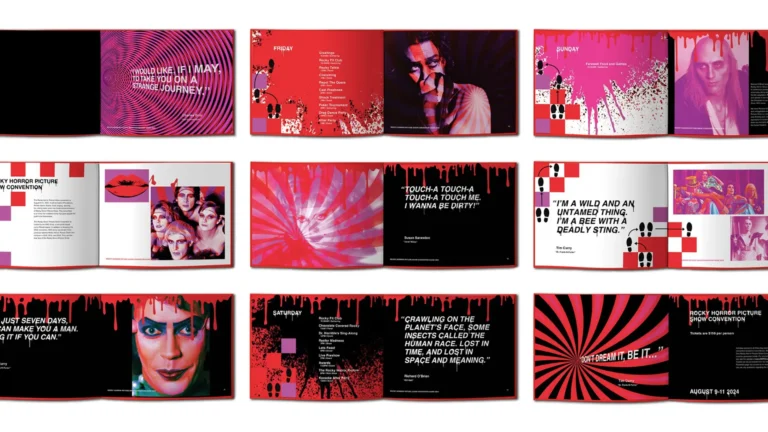 A collage of bold red, black, and pink spread pages with psychedelic patterns, portraits, and text blocks.