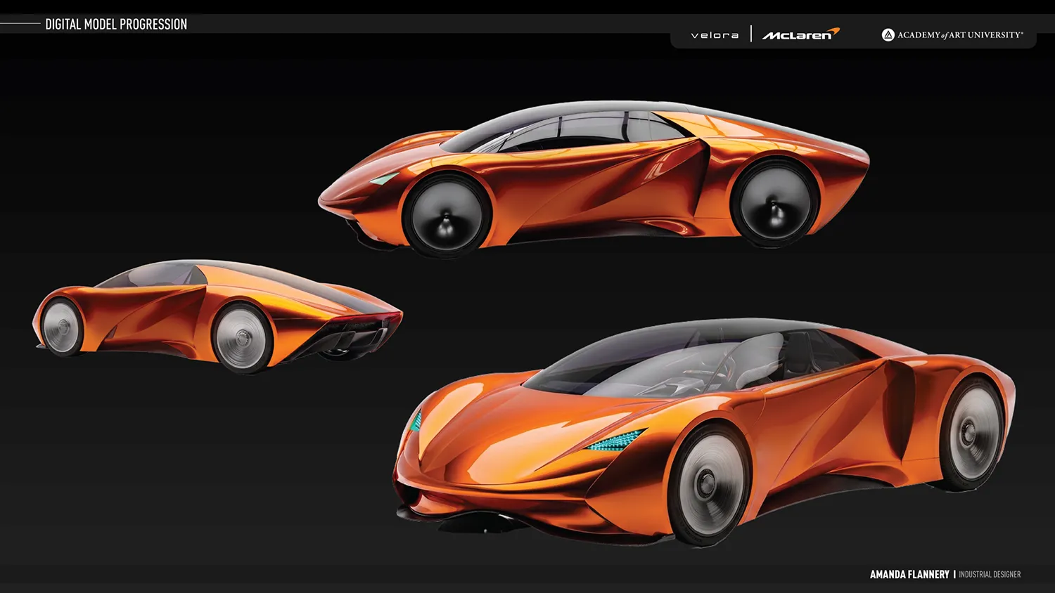 Three orange futuristic concept cars in different angles on a dark gradient background. Amanda Flannery Industrial Designer