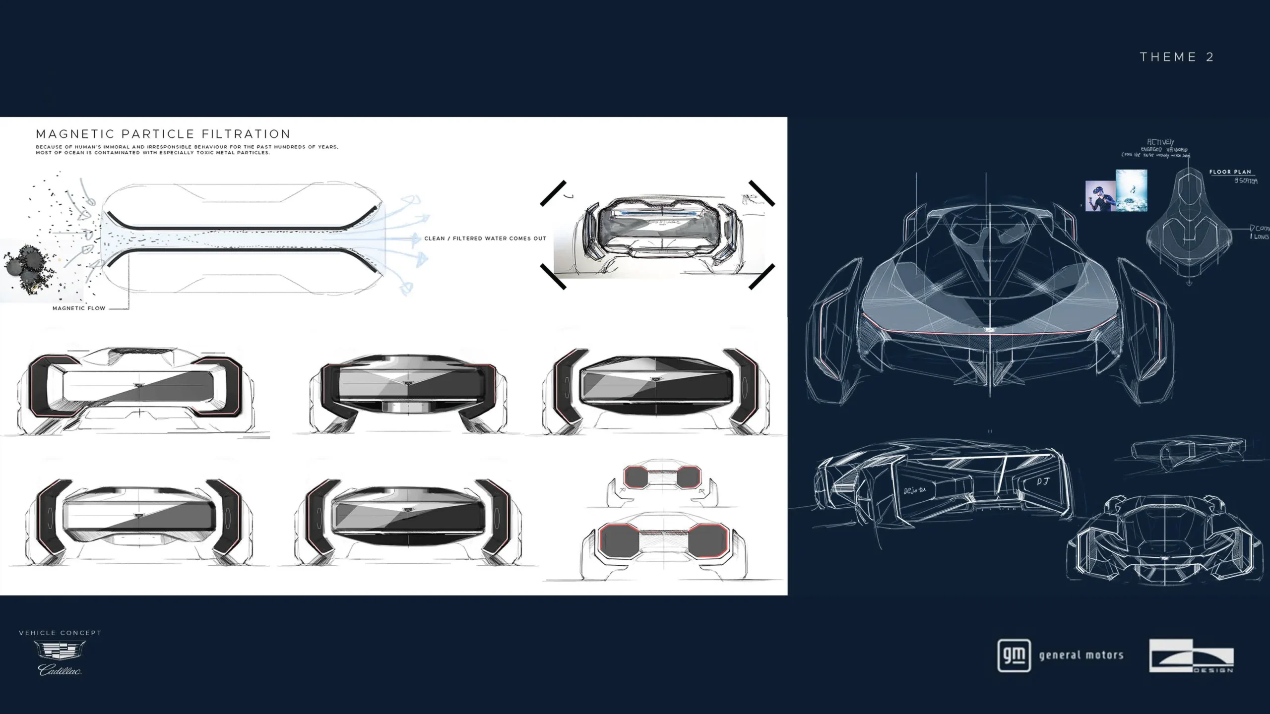 Design sketches of a futuristic vehicle with top and side views on white, wireframe blueprints on navy background