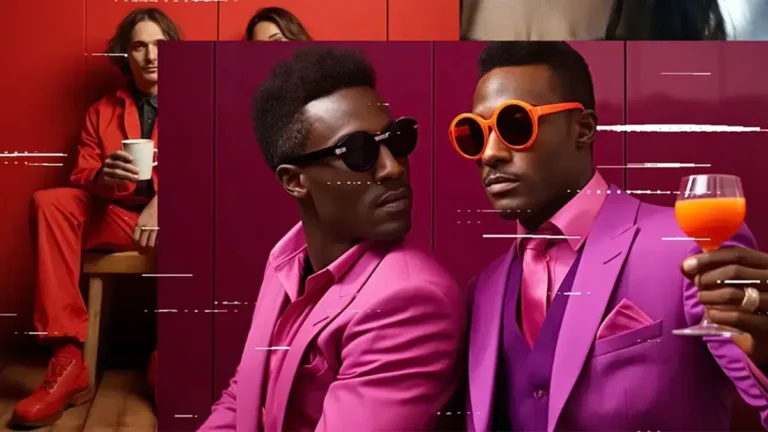 Generative AI at ArtU - Two men in pink suits with sunglasses posing, one holding a orange drink.