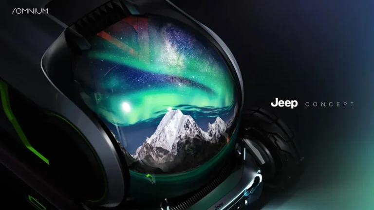 ArtU Industry Collaborations example - Jeep concept helmet reflects aurora and snowy mountains in visor, Somnium logo top left.