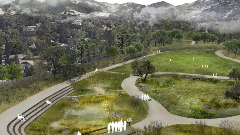 People walking and biking along winding paths in a hilly park with trees and grass.