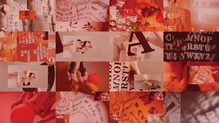 Collage of bodies with handwritten text on skin and red overlay throughout.
