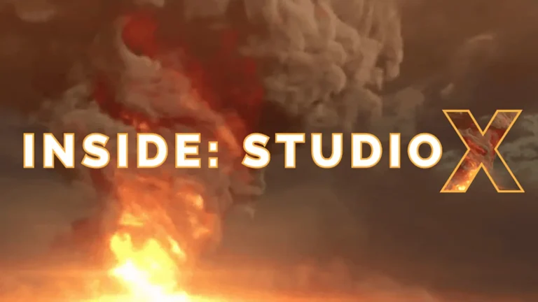 Explosion with large flames and smoky plume behind bold “INSIDE: STUDIO X” text centered foreground.