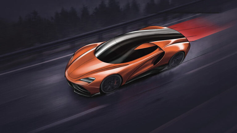 A bright orange sports car speeds along a dark highway at night. What Is Industrial Design Social Share.