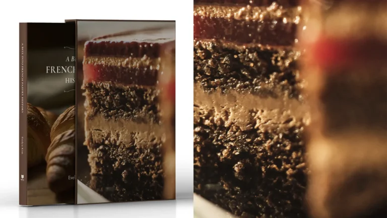 Close-up of a glossy cake slice with dark layers and shiny crusts beside a book set
