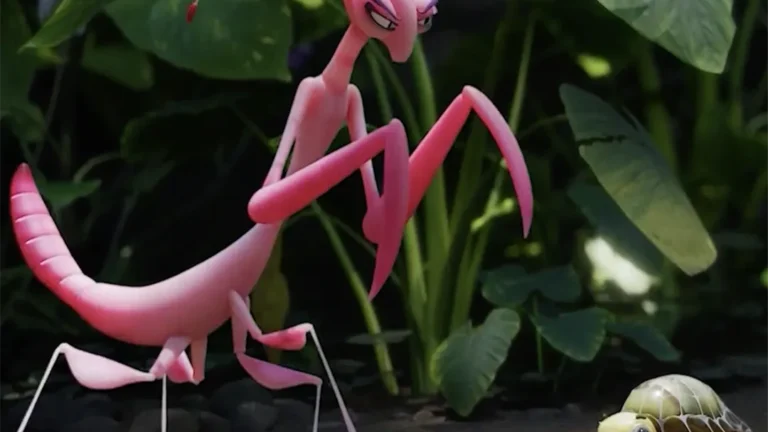 Pink praying mantis-like creature looming over a small green turtle on a forest floor.