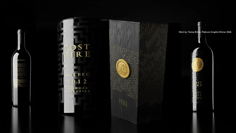 Premium black wine bottles and decorative boxes with gold detailing, “Lost Fire” labels.