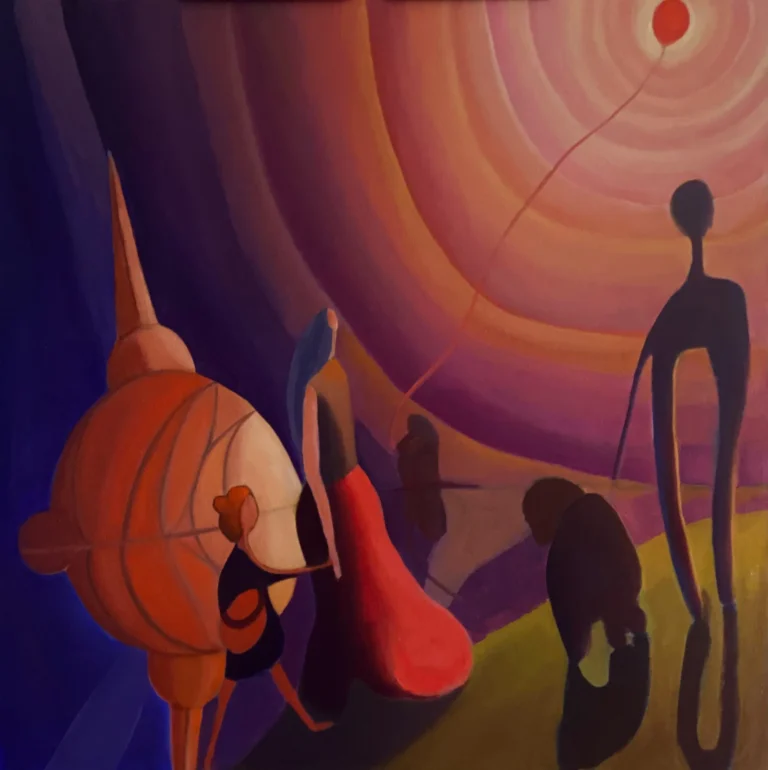 Abstract colorful mural with silhouettes and circular patterns, no people clearly visible.