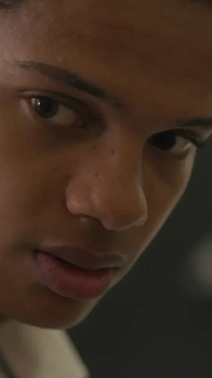 Close-up of young man looking intently to the side, serious expression.