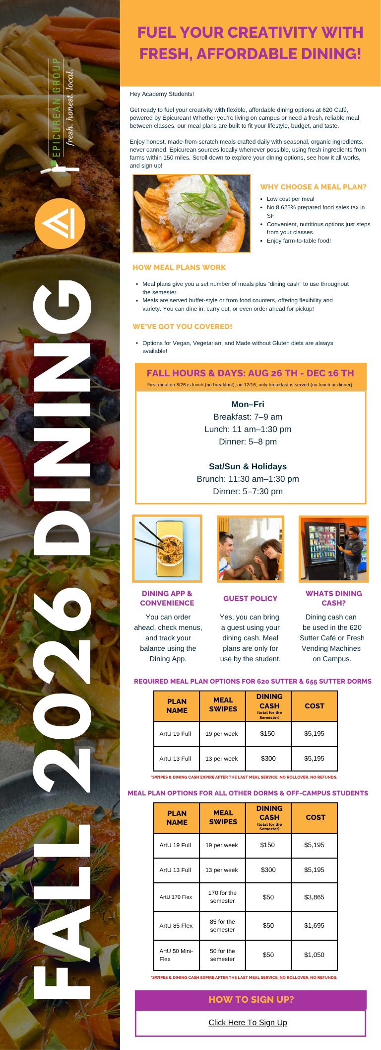 Text on flyer promoting Campus dining options, meal plans, hours, and app guidance.