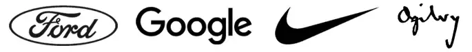 Logos for Ford, Google, Nike, and Ojiby